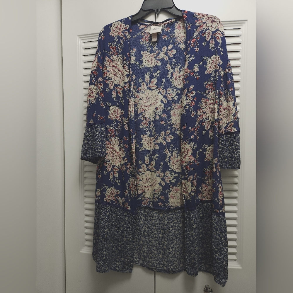 Knox Rose Floral Boho Kimono Cardigan Size XS Blue Cream Open Front